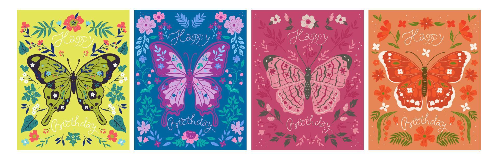 Set of birthday cards with butterflies. Vector graphics.