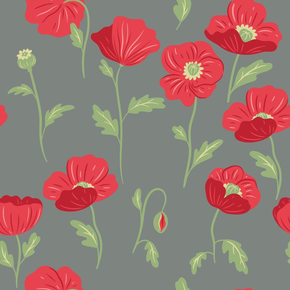 Seamless pattern with red poppies. Vector graphics.