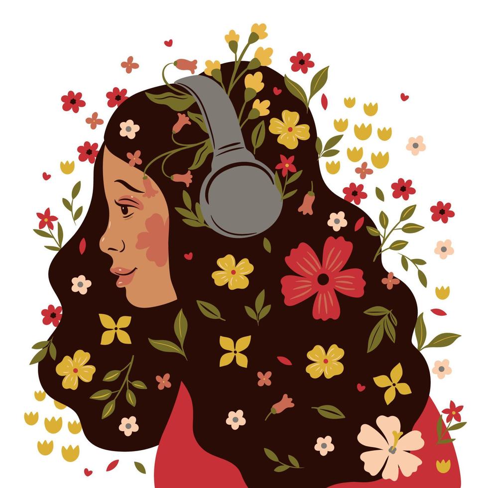 Portrait of a girl in headphones with flowers in her hair. Vector graphics.