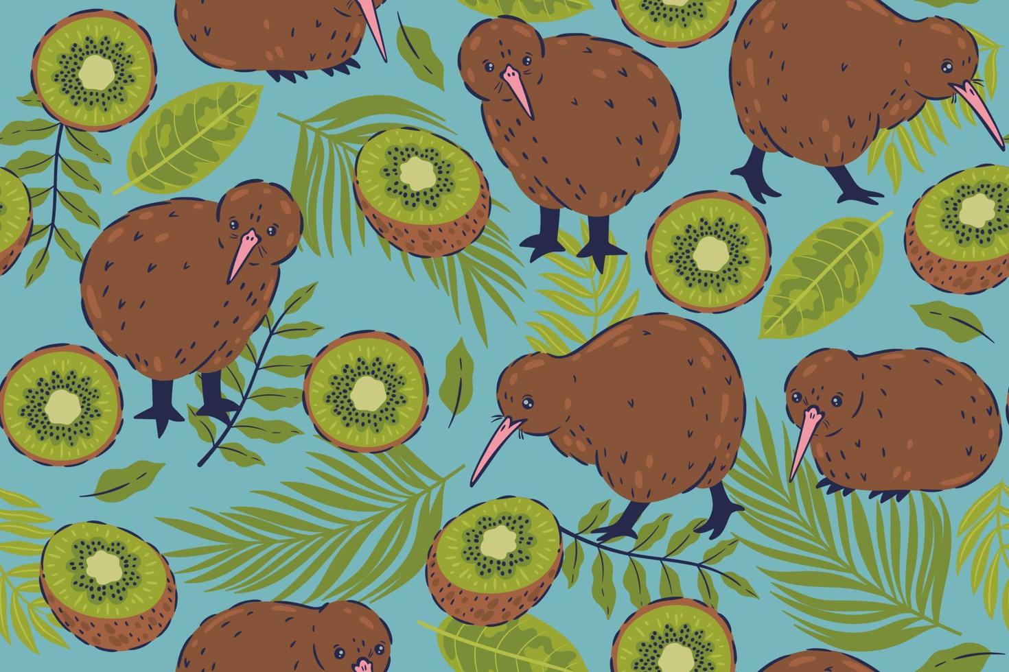 Seamless pattern with kiwi birds, kiwi fruits and tropical leaves. Vector graphics