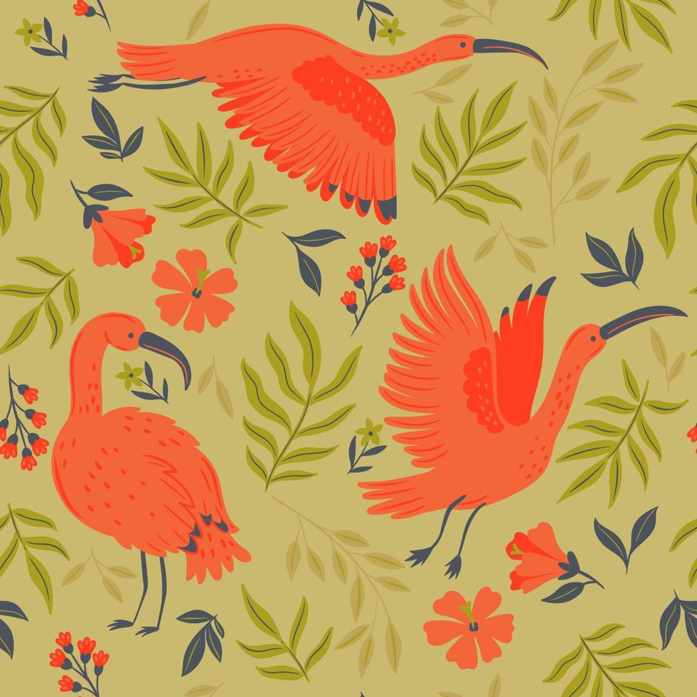 patrón sin costuras con ibis, flores y hojas. gráficos vectoriales vector