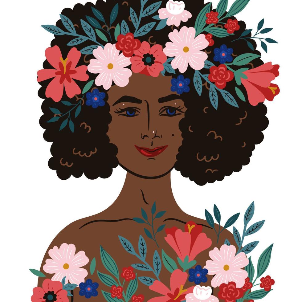 Portrait of a black woman with an afro hairstyle and flowers. Vector graphics.
