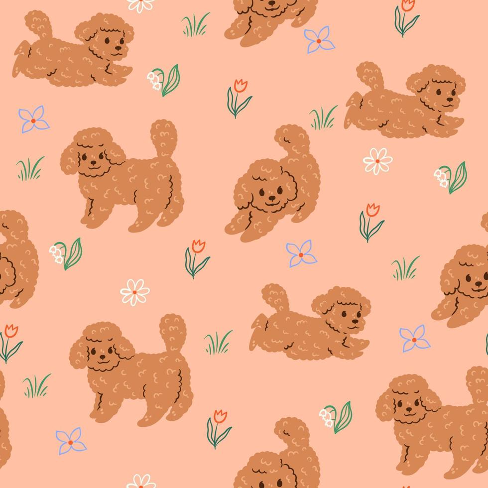 Seamless pattern with cute dogs and flowers. Vector graphics.