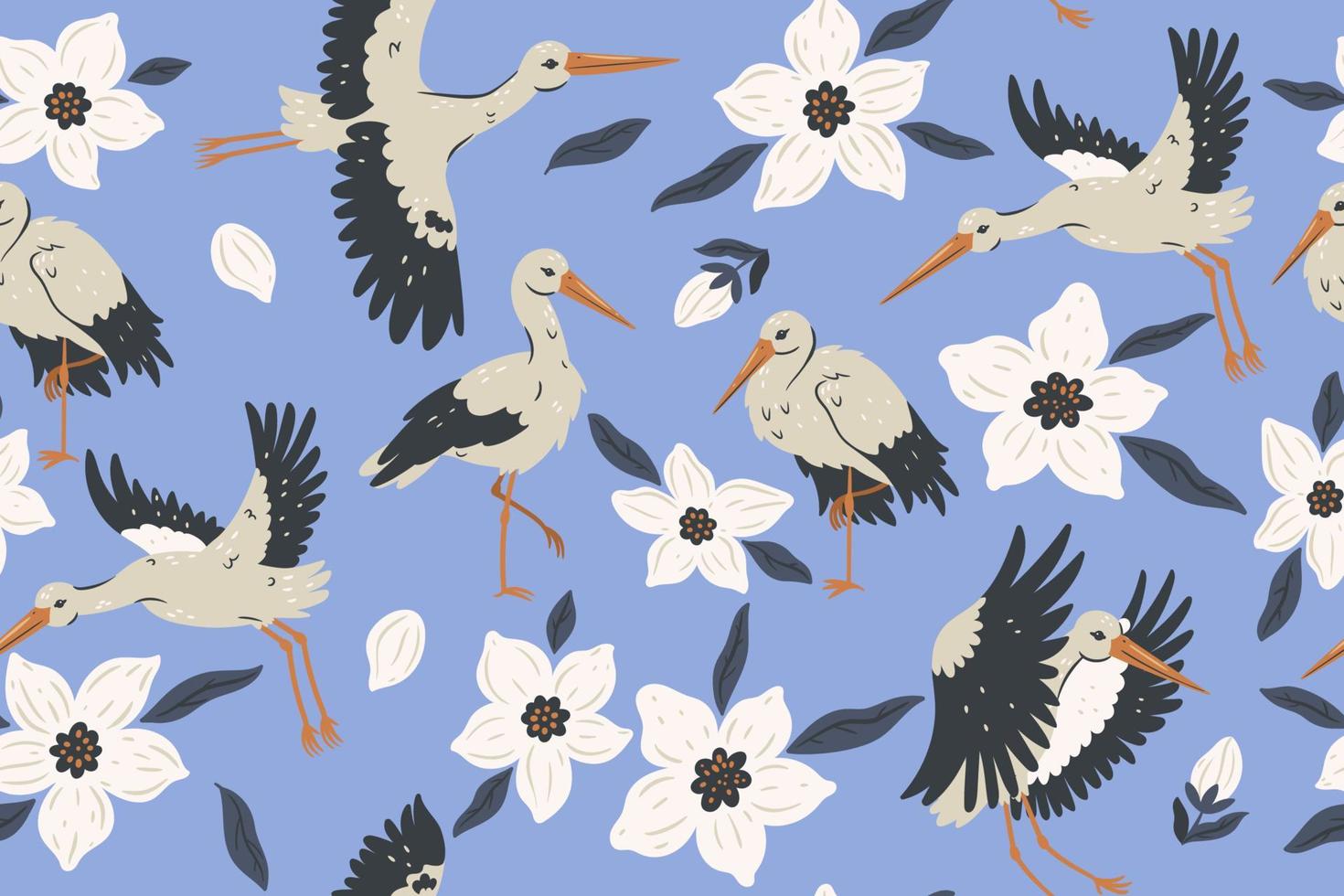 Seamless pattern with storks and flowers on a blue background. Vector graphics.