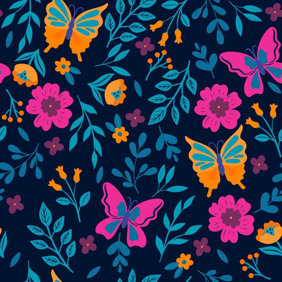 Seamless pattern with butterflies and flowers. Vector graphics.