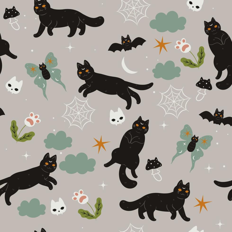 patrón sin costuras con gatos mágicos de brujas. gráficos vectoriales vector