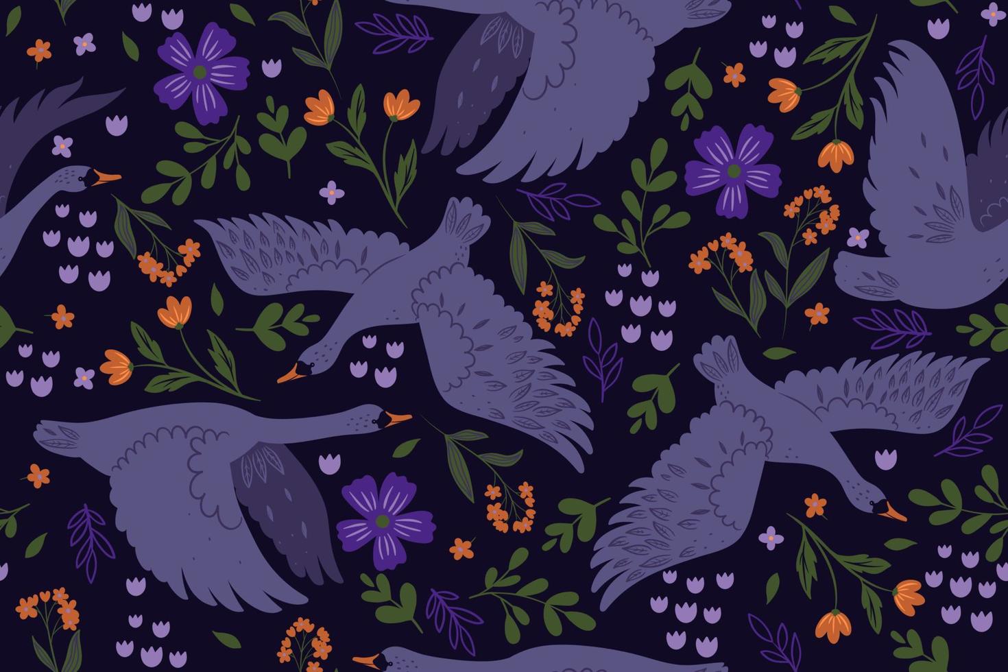 Seamless pattern with flying swans and flowers. Vector graphics.