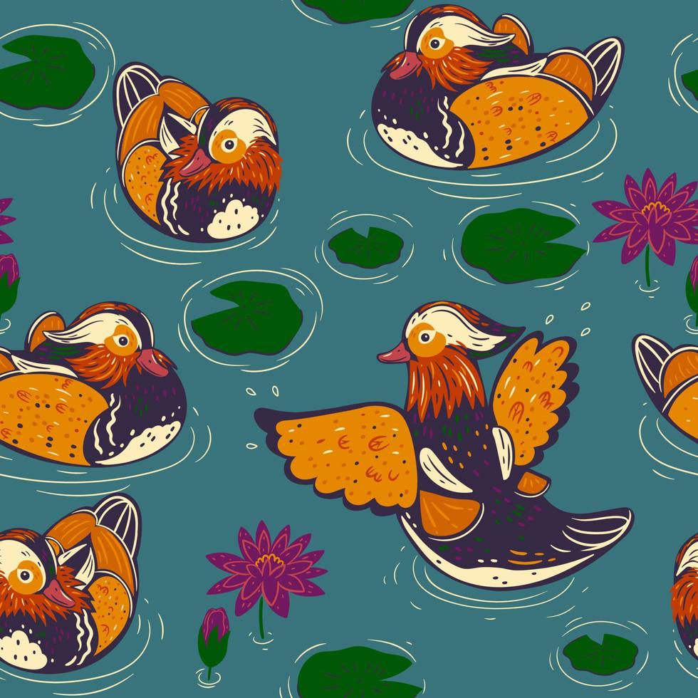 Seamless pattern with cute mandarin ducks and water lilies. Vector graphics.