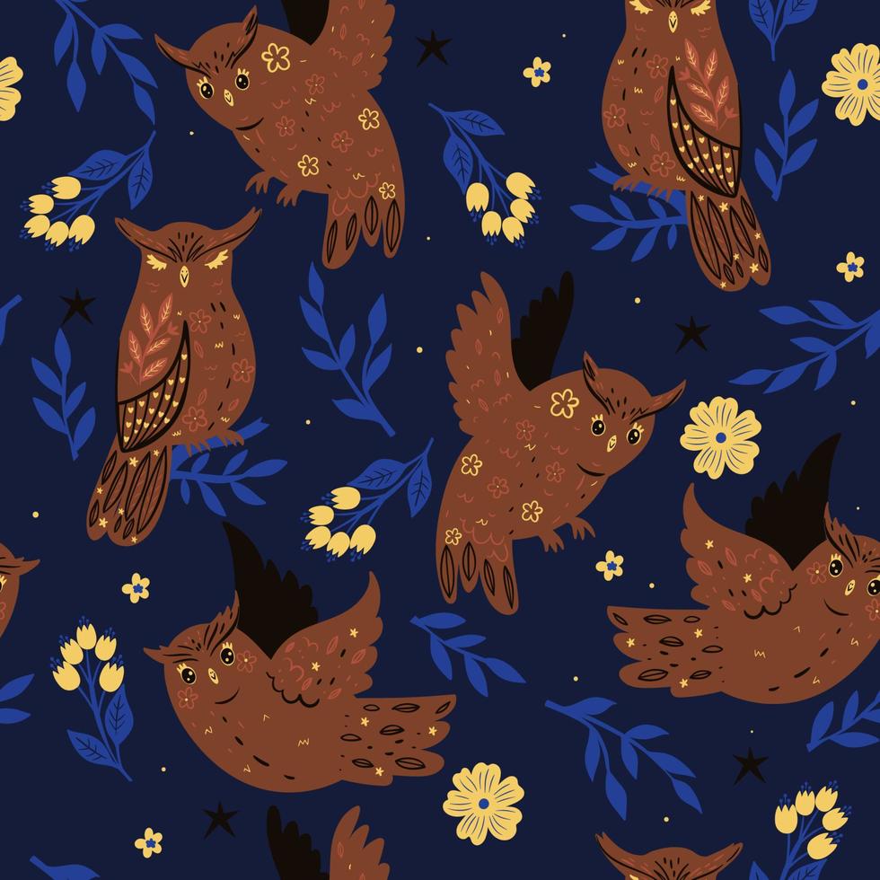 Seamless pattern with cute owls and flowers. Vector graphics.