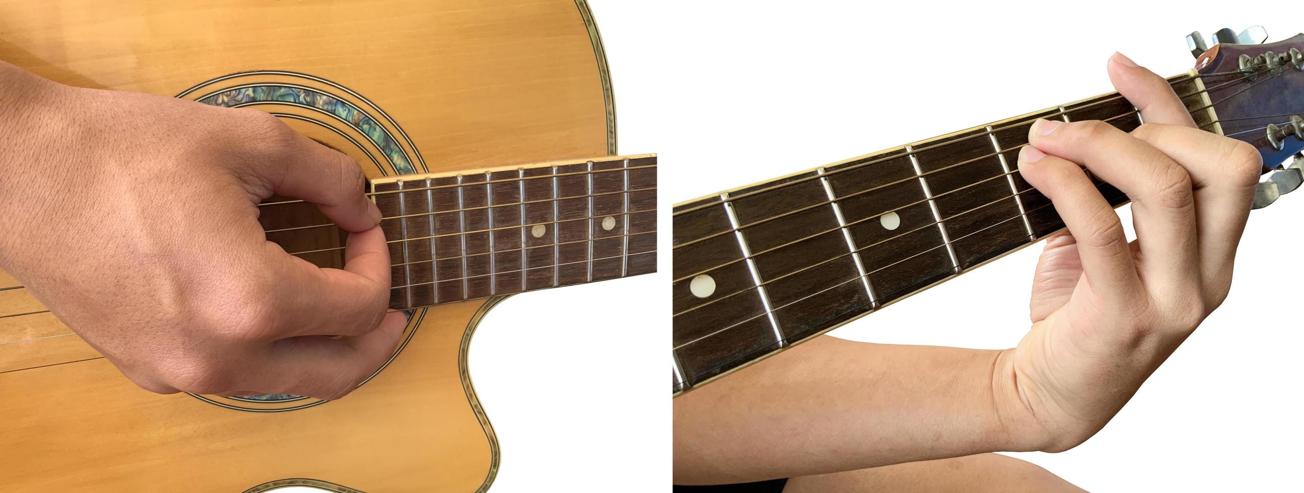 Isolated fingers and hand which is playing the guitar with clipping paths. photo