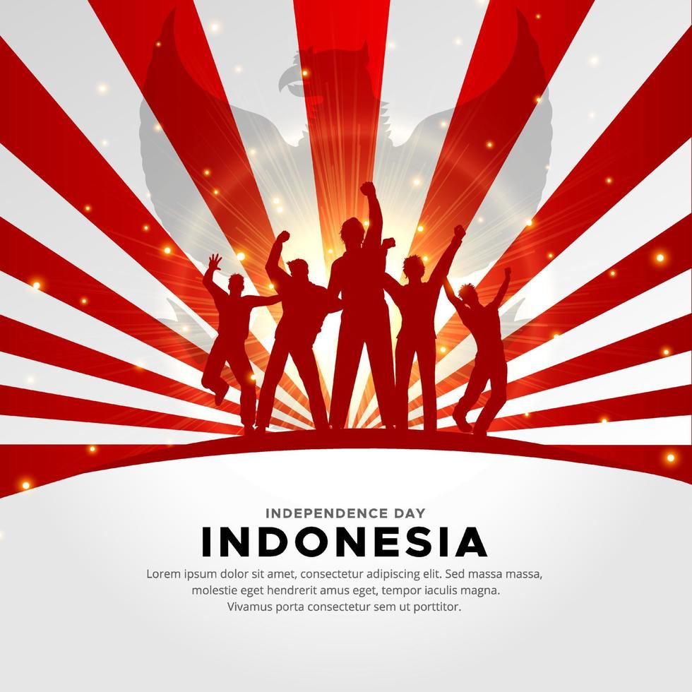 Modern Indonesia Independence Day design with cheerful youth and sunburst background vector