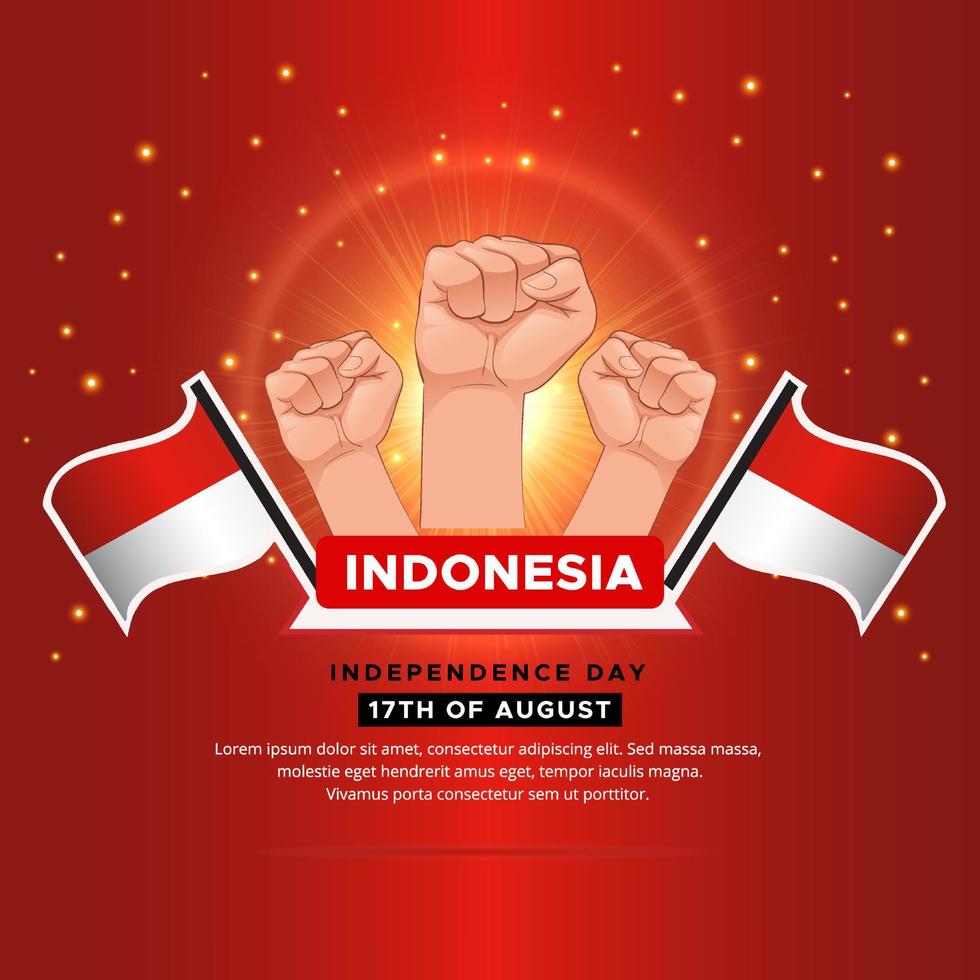 Shiny Indonesia Independence Day design with wavy flag and gesture fist. vector