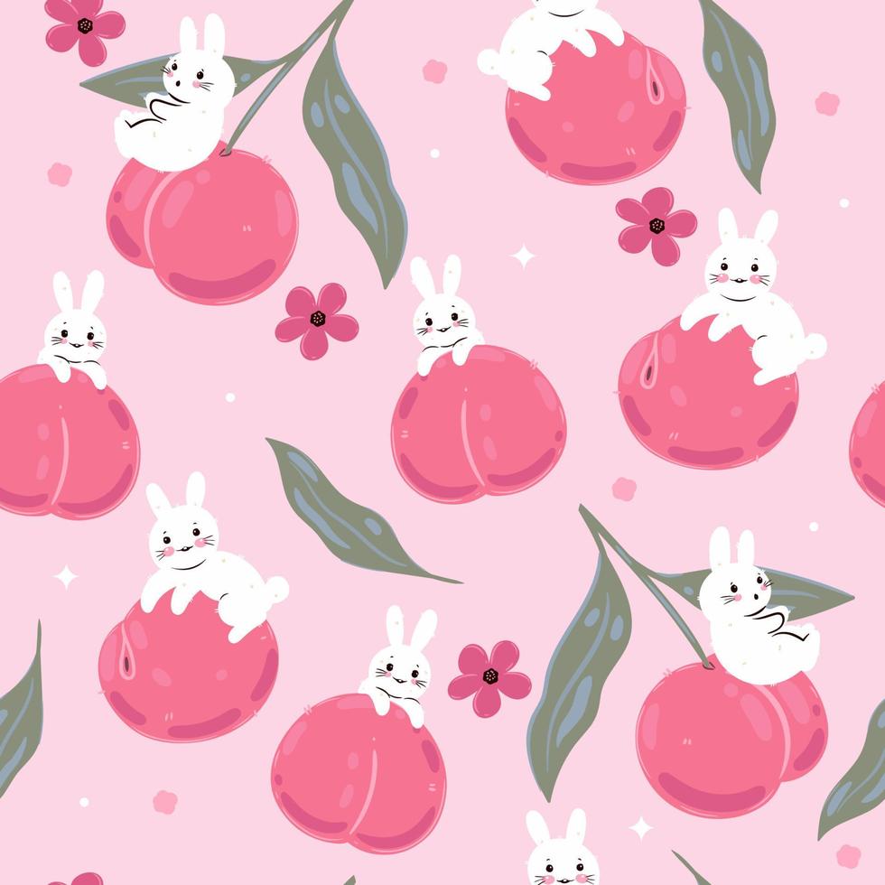 Seamless pattern with cute rabbits and peaches. Vector graphics.