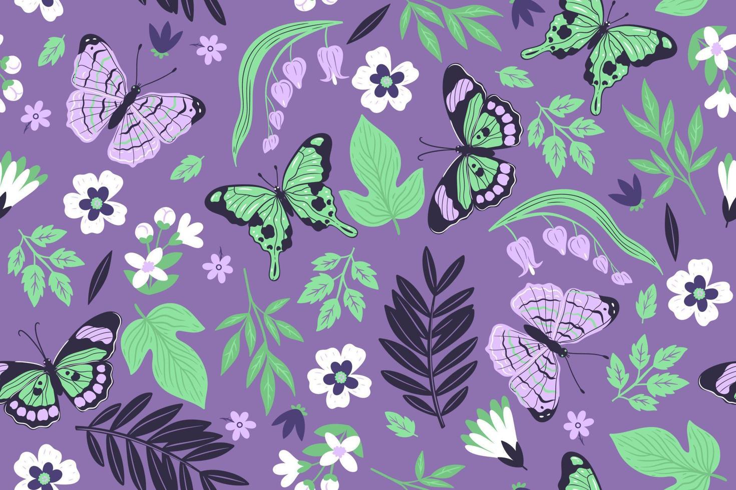 Seamless pattern with butterflies and flowers. Vector graphics.