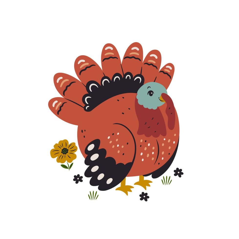 Cute turkey and flowers isolated on white background. Vector graphics.