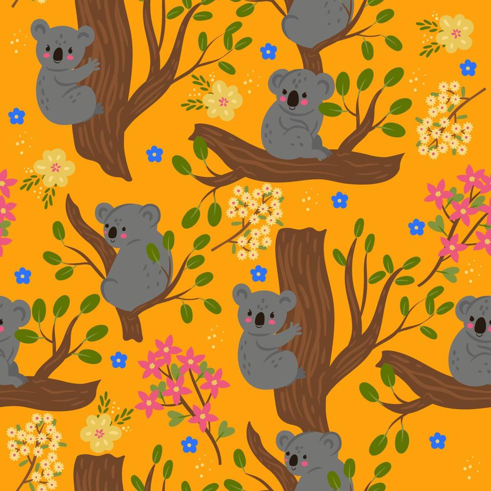 Seamless pattern with koalas on the branches. Vector graphics.