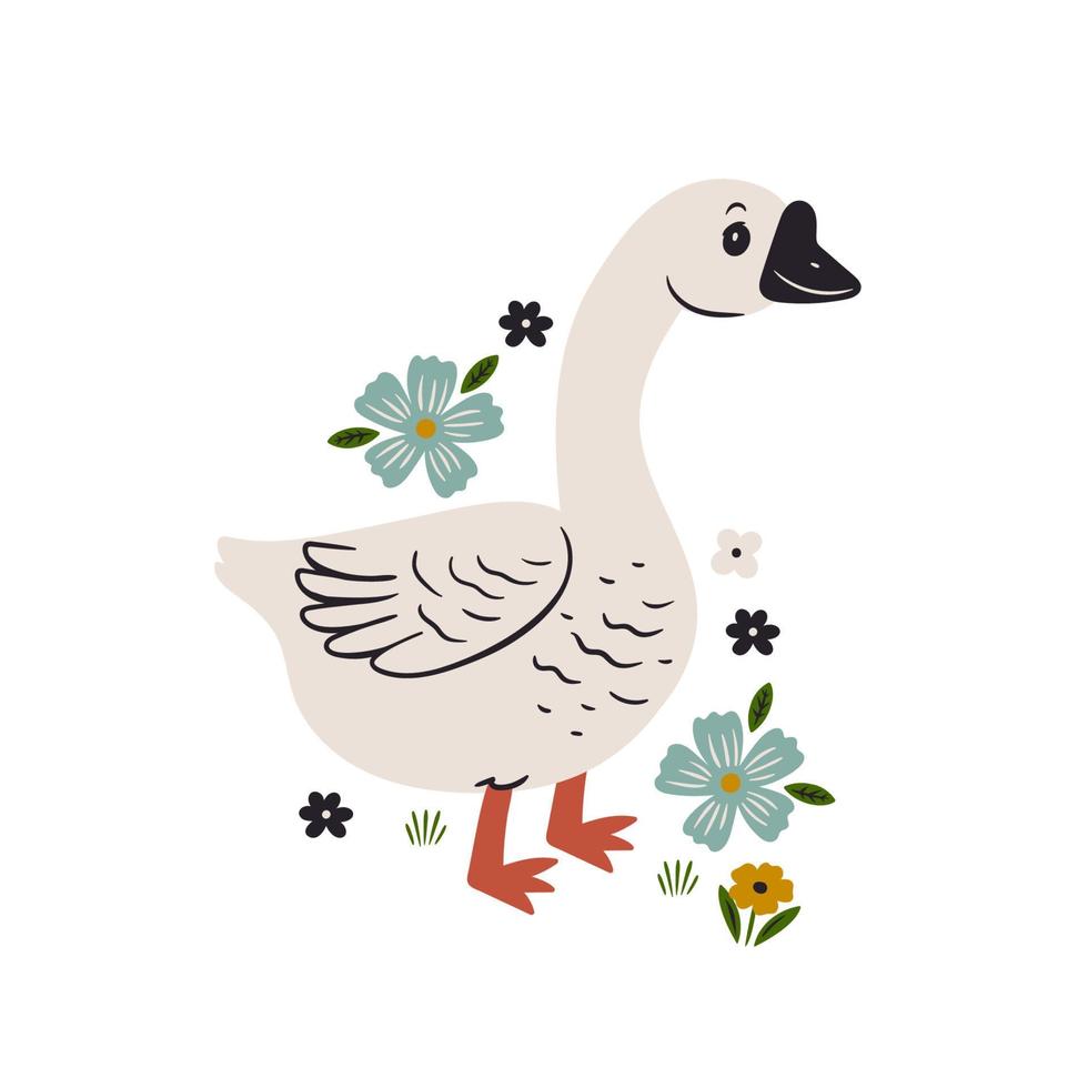 Cute goose and flowers isolated on white background. Vector graphics.