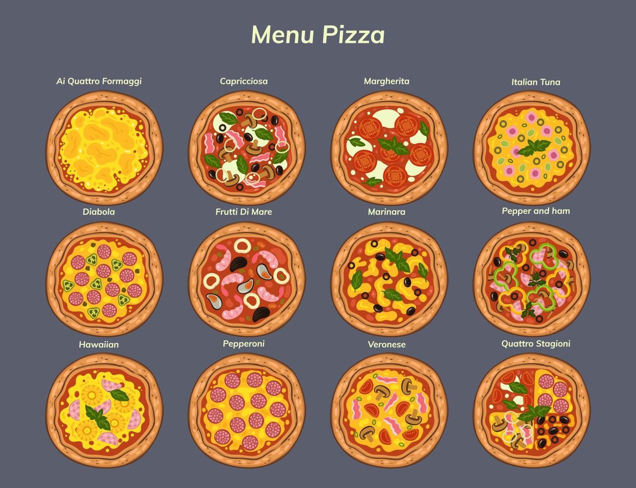 Collection of different types of pizza. Vector graphics.