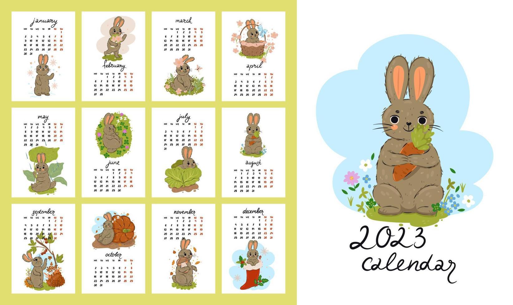 calendario para el año 2023 del conejo con lindos personajes. gráficos vectoriales vector