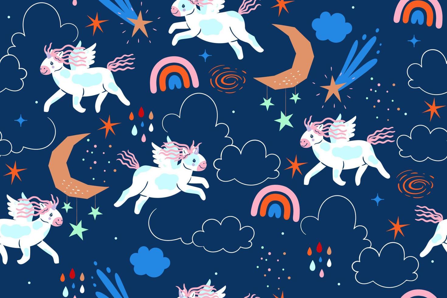 Seamless pattern with cute unicorns, clouds and stars. Vector graphics.