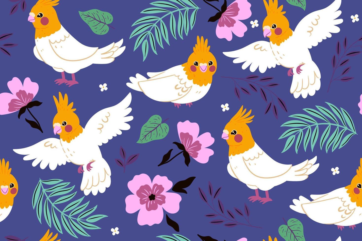 Seamless pattern with cockatiel parrots. Vector graphics.