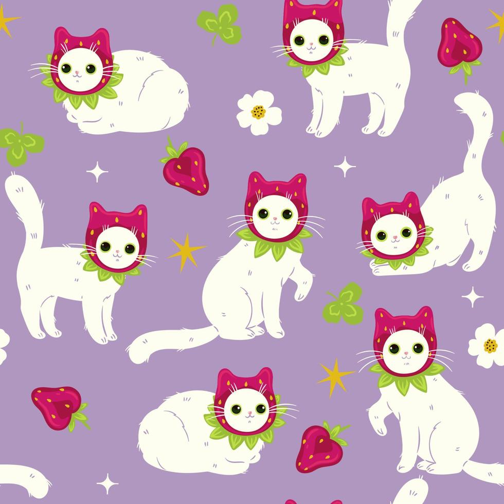 Seamless pattern with strawberry cats. Vector graphics.