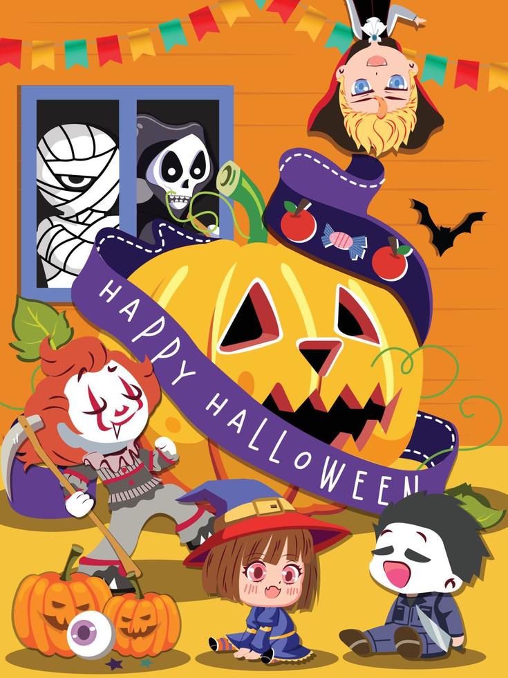 feliz halloween niños divertidos trajes caminar stock vector