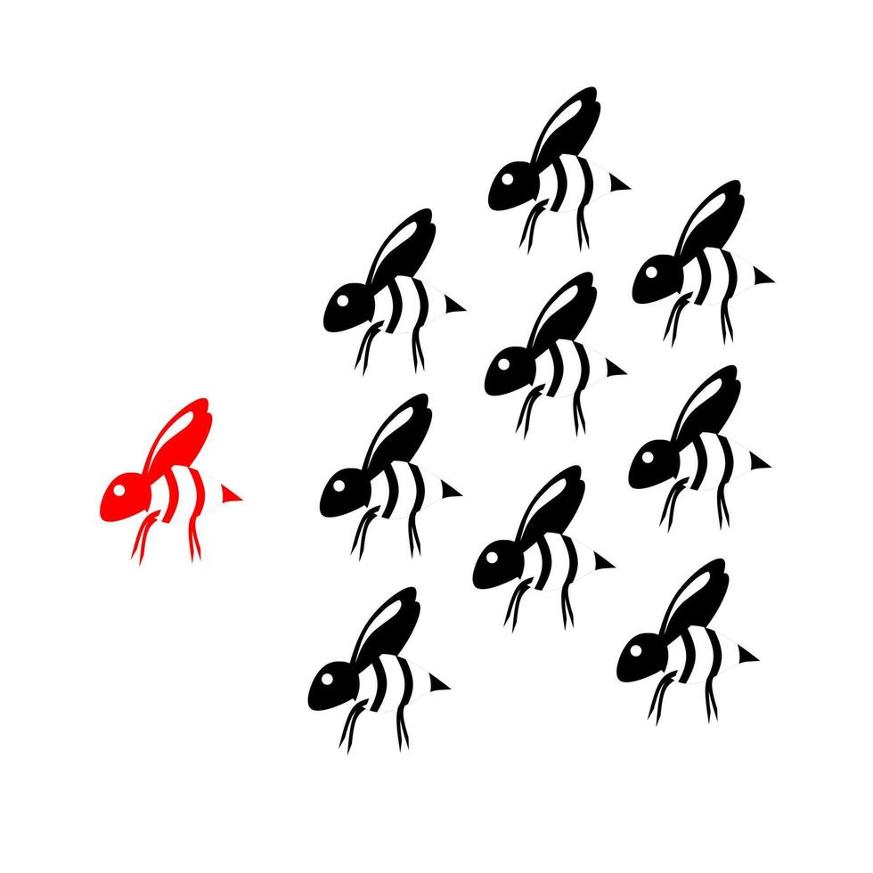 Vector illustration of a group of honeybees flying following their leader. Black bee colony design concept following red bees. Isolated on a white background. Great for logos about honey bees.