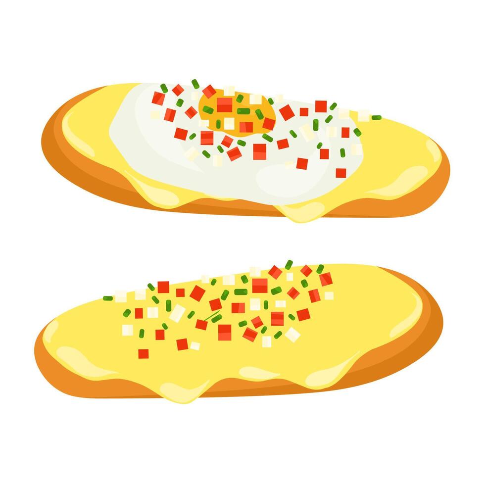 Mollette's Mexican Food. Bollilo with raw tomatoes, onions, jalapeo peppers and melted cheese. Two variants with fried egg on top. Vector illustration.