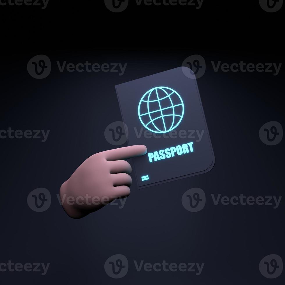 The hand holds a neon passport. 3d render illustration. photo