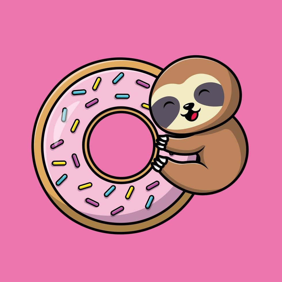 lindo perezoso abrazando gran ilustración de icono de vector de dibujos animados de donut. concepto de icono de comida animal vector premium aislado