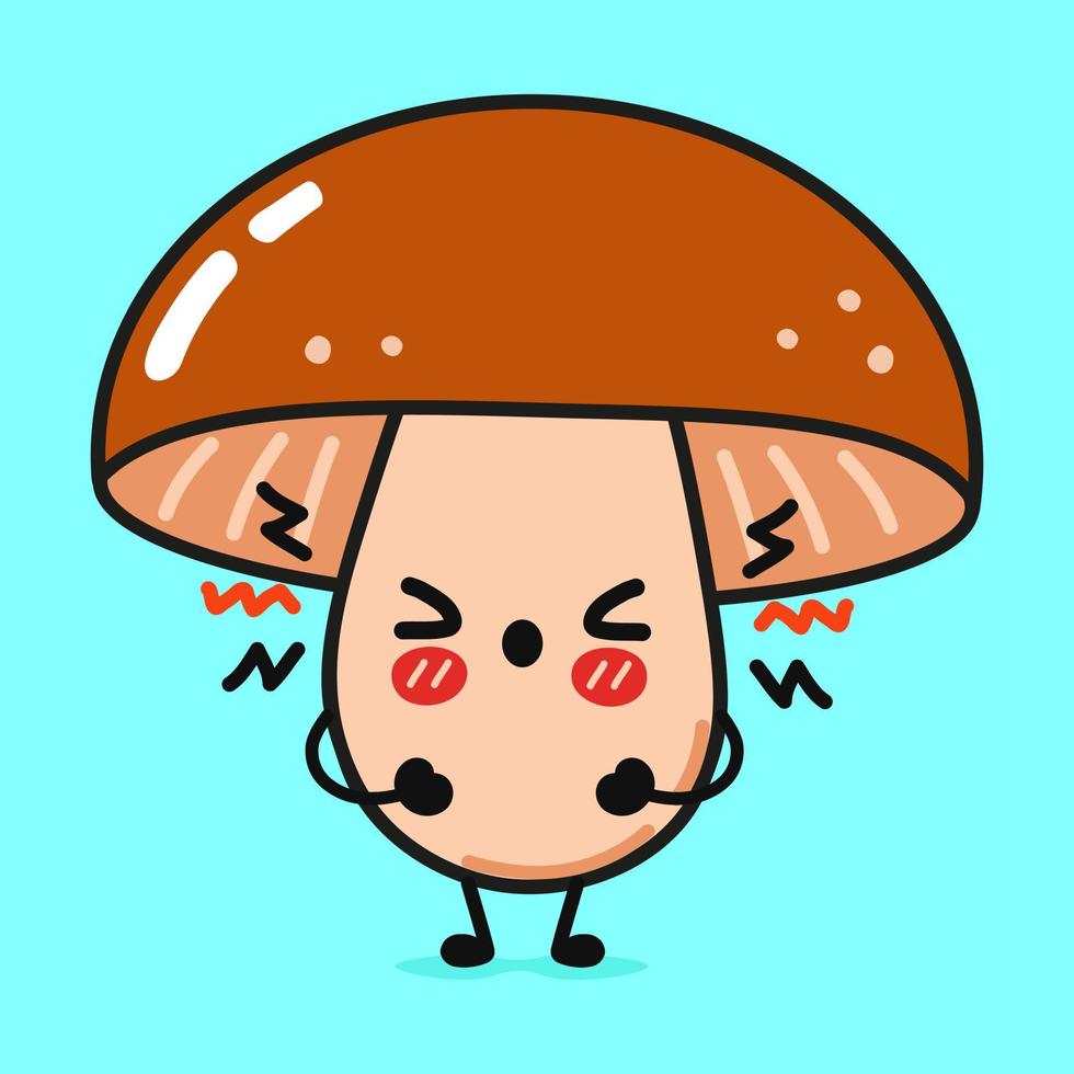 lindo personaje de hongo enojado. icono de ilustración de personaje kawaii de dibujos animados dibujados a mano vectorial. aislado sobre fondo azul. concepto de personaje de hongo triste vector