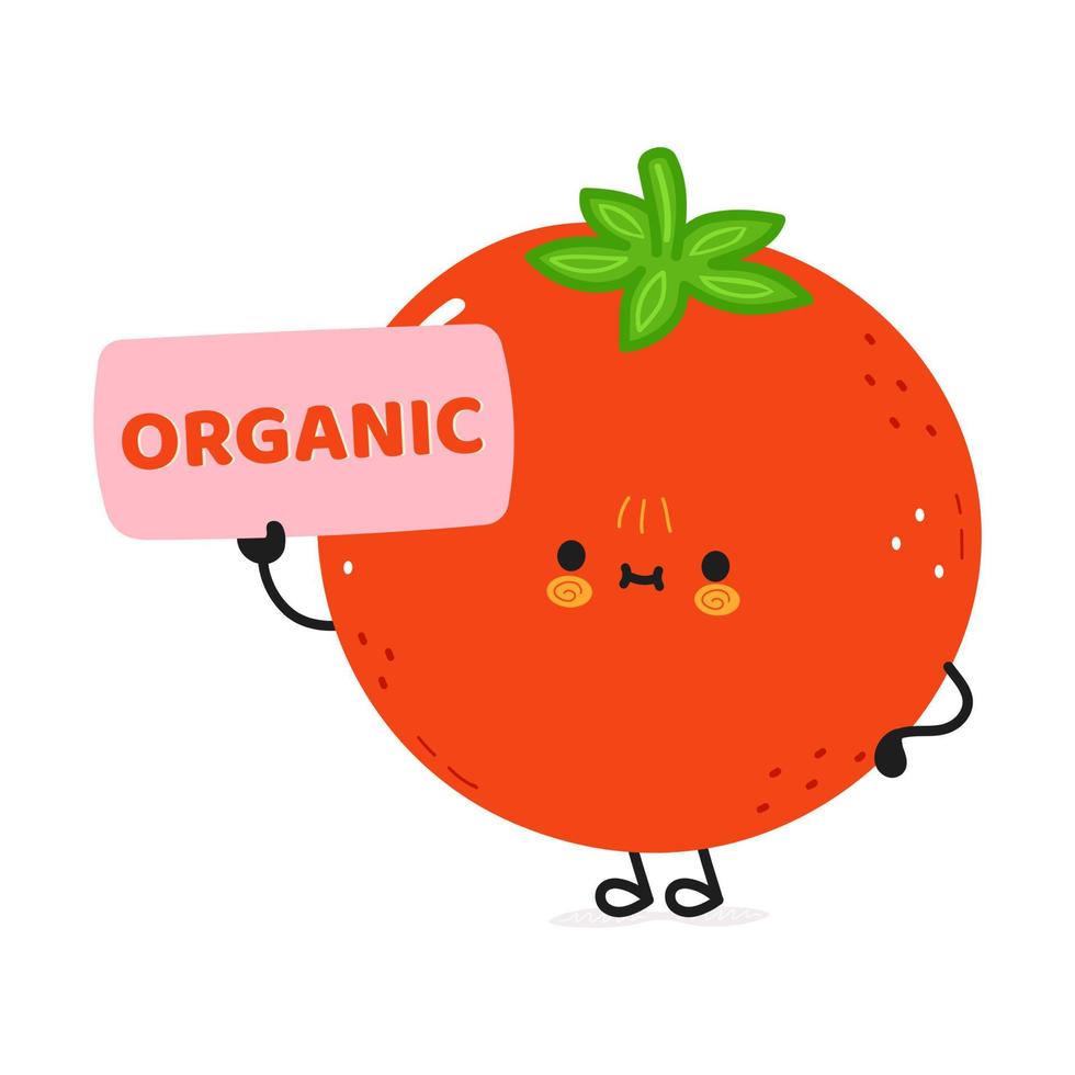 lindo personaje de tomate divertido con afiche orgánico. icono de ilustración de personaje kawaii de dibujos animados dibujados a mano vectorial. aislado sobre fondo blanco. concepto de personaje de tomate vector