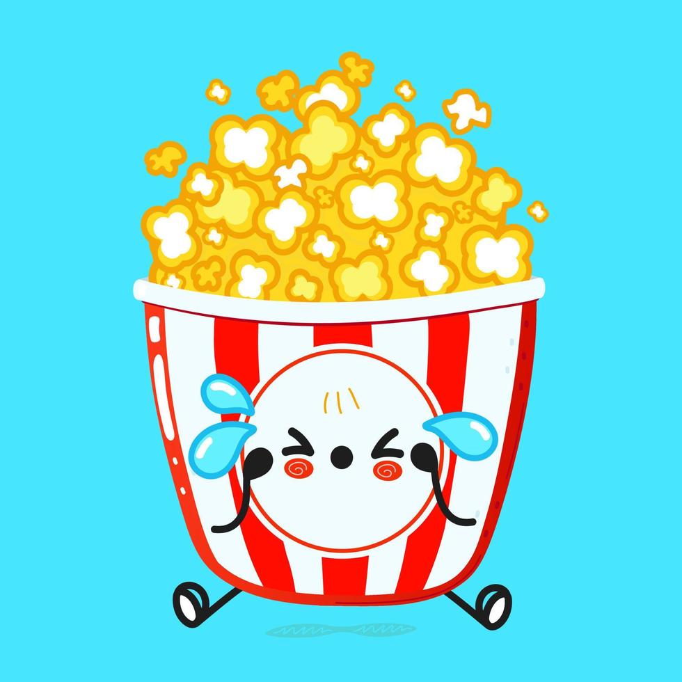 Cute sad popcorn character. Vector hand drawn cartoon kawaii character illustration icon. Isolated on blue background. Sad popcorn character concept