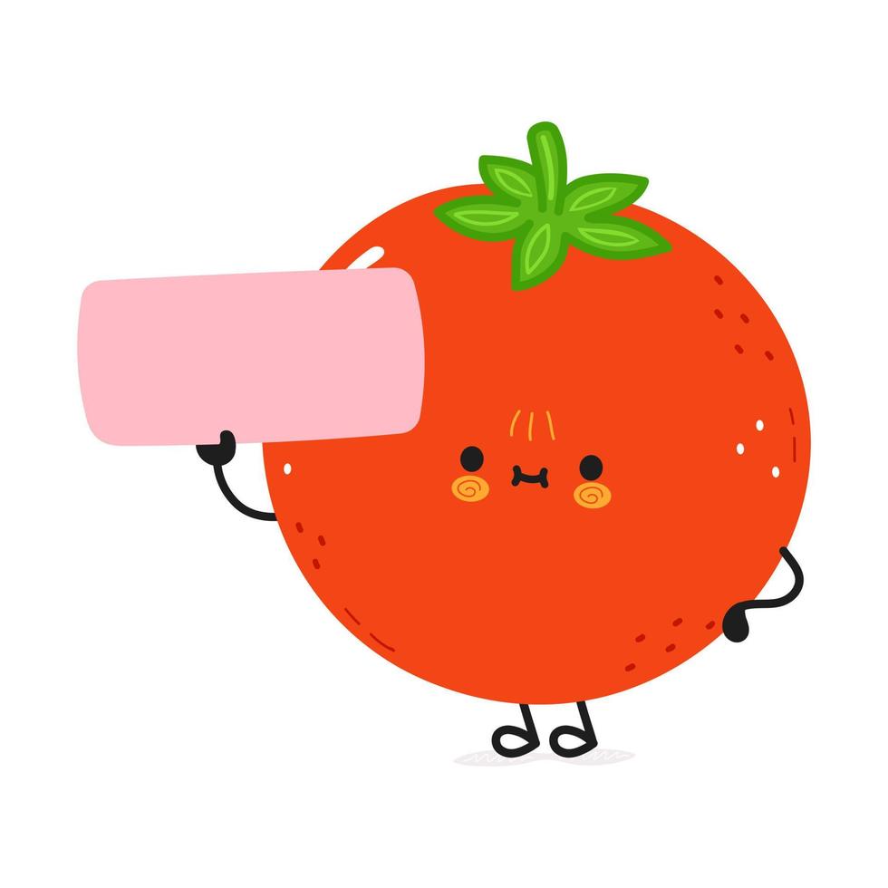 lindo personaje de tomate divertido con cartel. icono de ilustración de personaje kawaii de dibujos animados dibujados a mano vectorial. aislado sobre fondo blanco. concepto de personaje de tomate vector