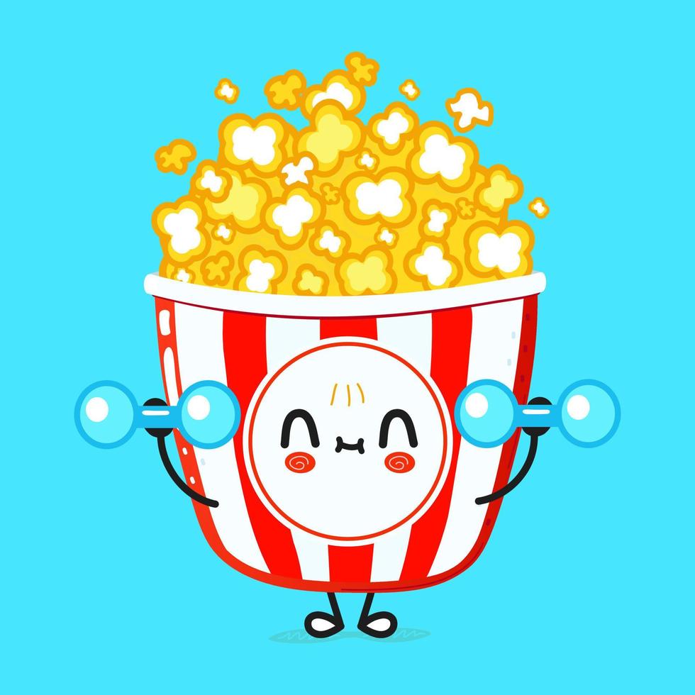 lindo personaje divertido de palomitas de maíz con pesas. icono de ilustración de personaje kawaii de dibujos animados dibujados a mano vectorial. aislado sobre fondo azul. concepto de gimnasio de personajes de palomitas de maíz vector