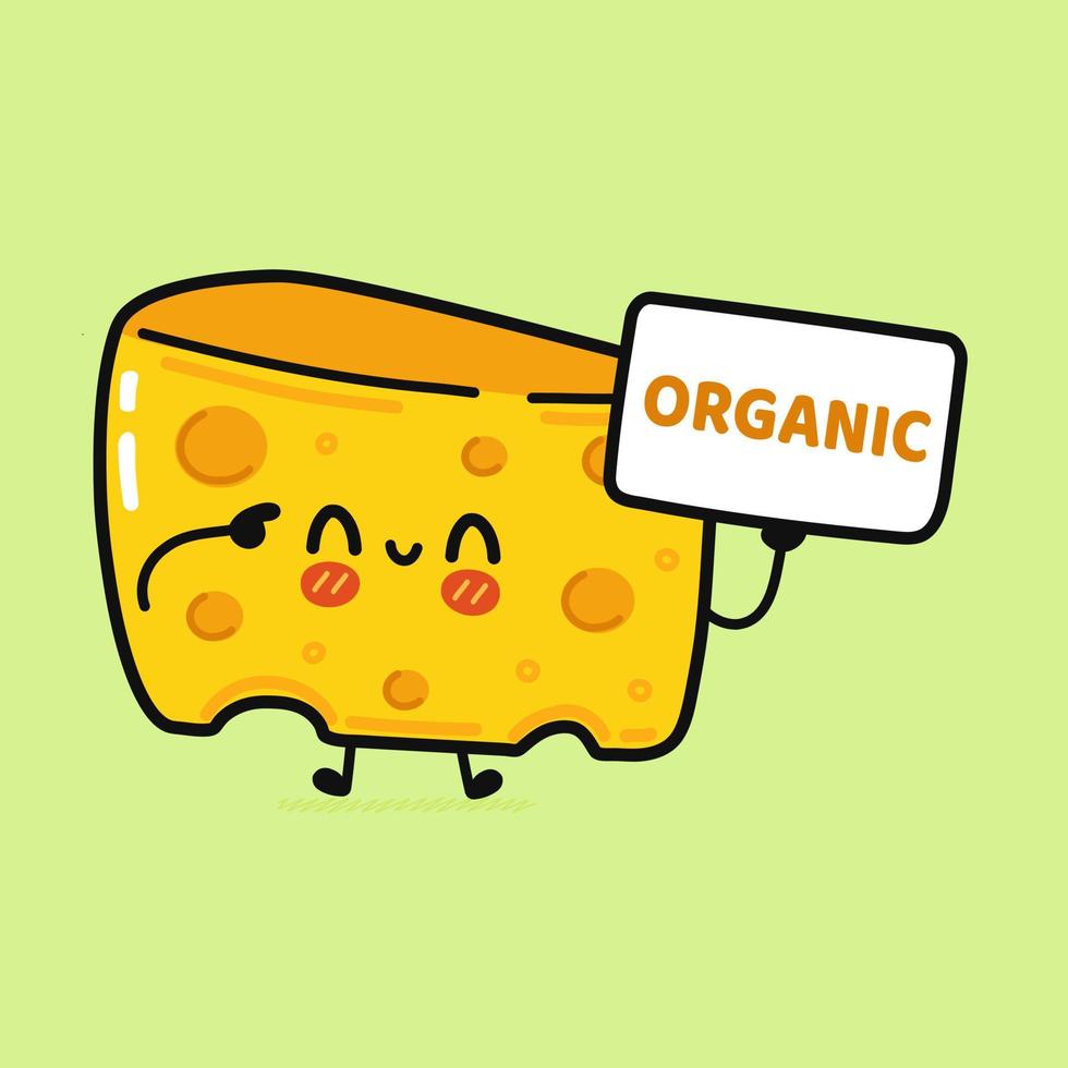 lindo personaje de cartel de queso divertido. ilustración de personaje kawaii de dibujos animados dibujados a mano vectorial. fondo verde aislado. cartel de queso con inscripción orgánica vector