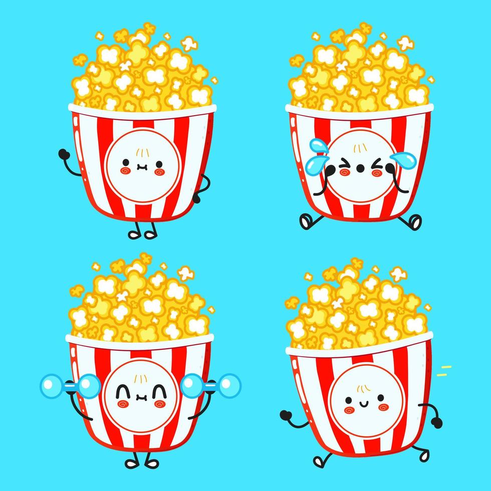 Funny cute happy popcorn characters bundle set. Vector hand drawn doodle style cartoon character illustration icon design. Cute popcorn mascot character collection