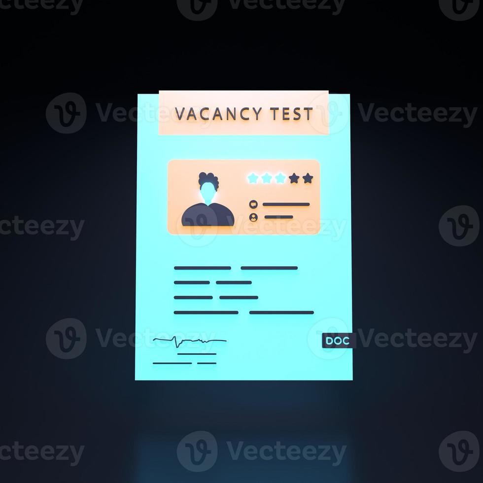 Neon vacancy test icon on black background. Human resource concept. 3d render illustration. photo