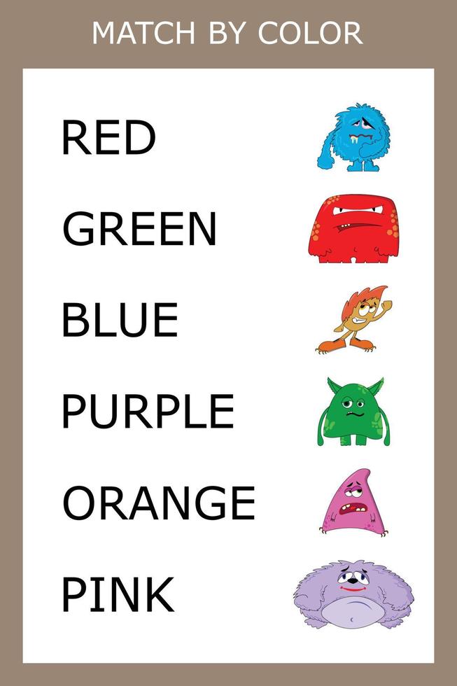 Connect the name of the color and the character of the monster. Logic game for children. vector