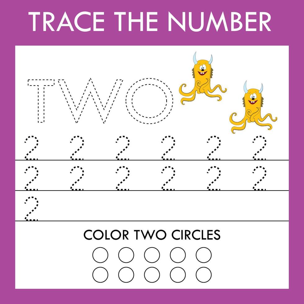 Trace line , number worksheet with monsters for kids, practicing fine motor skills.  Educational game for preschool children. vector