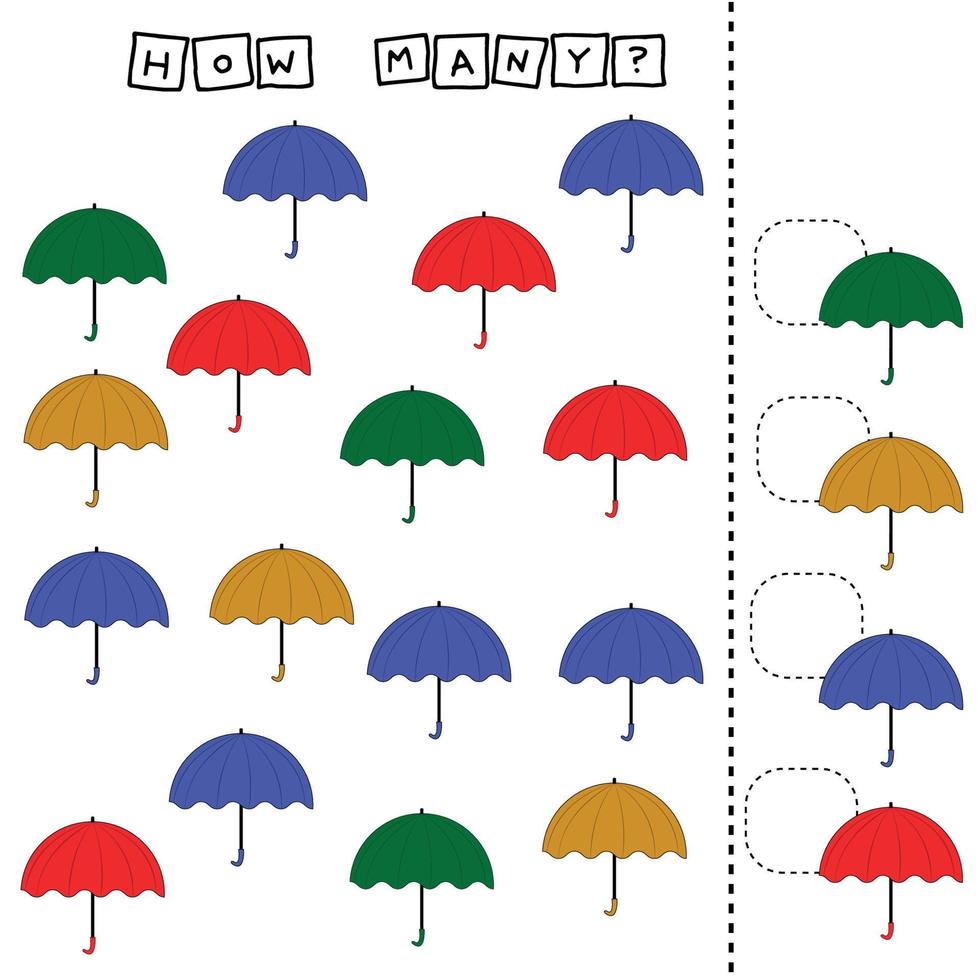 How many counting game with colorful umbrella. Preschool worksheet, kids activity sheet, printable worksheet vector