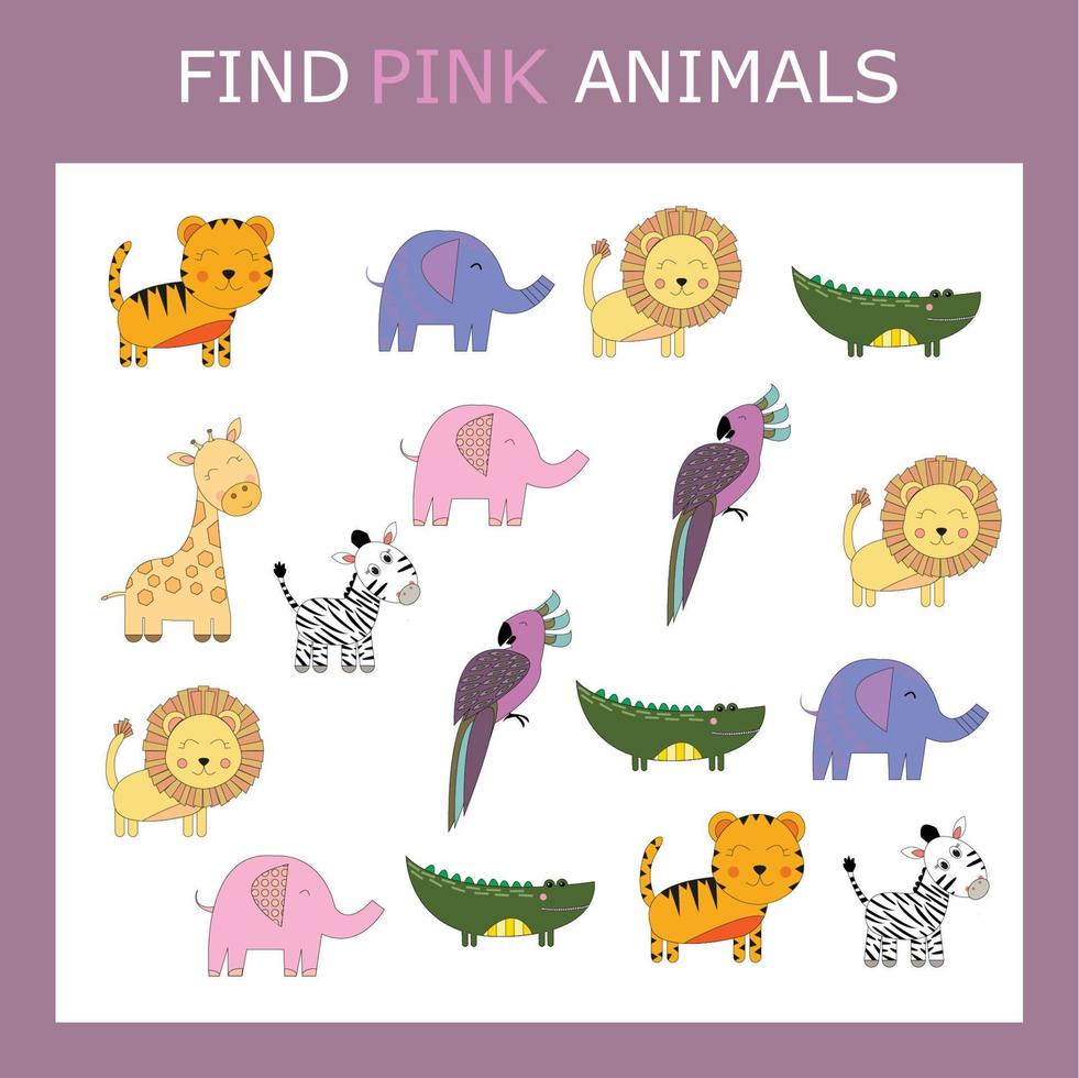 actividad educativa para niños, encuentra el animal rosa entre los coloridos. juego de lógica para niños. vector