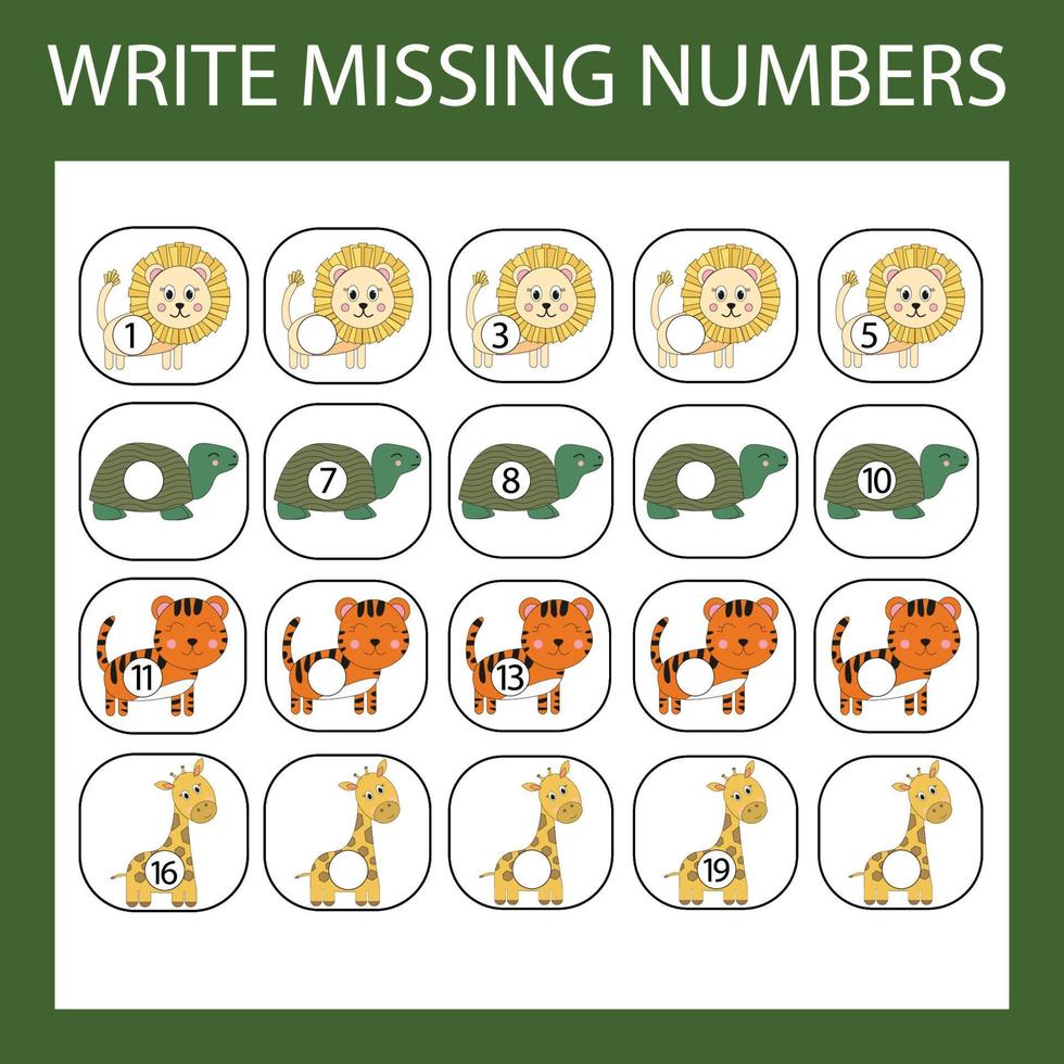 The task is to write in the lost numbers from 1 to 20. Educational exercises for preschool children vector