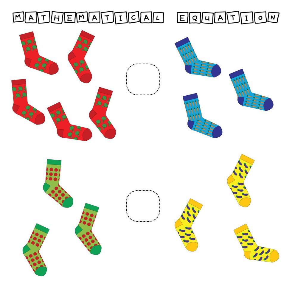 Developing activities for children, compare which more socks. Logic game for children, mathematical inequalities. vector