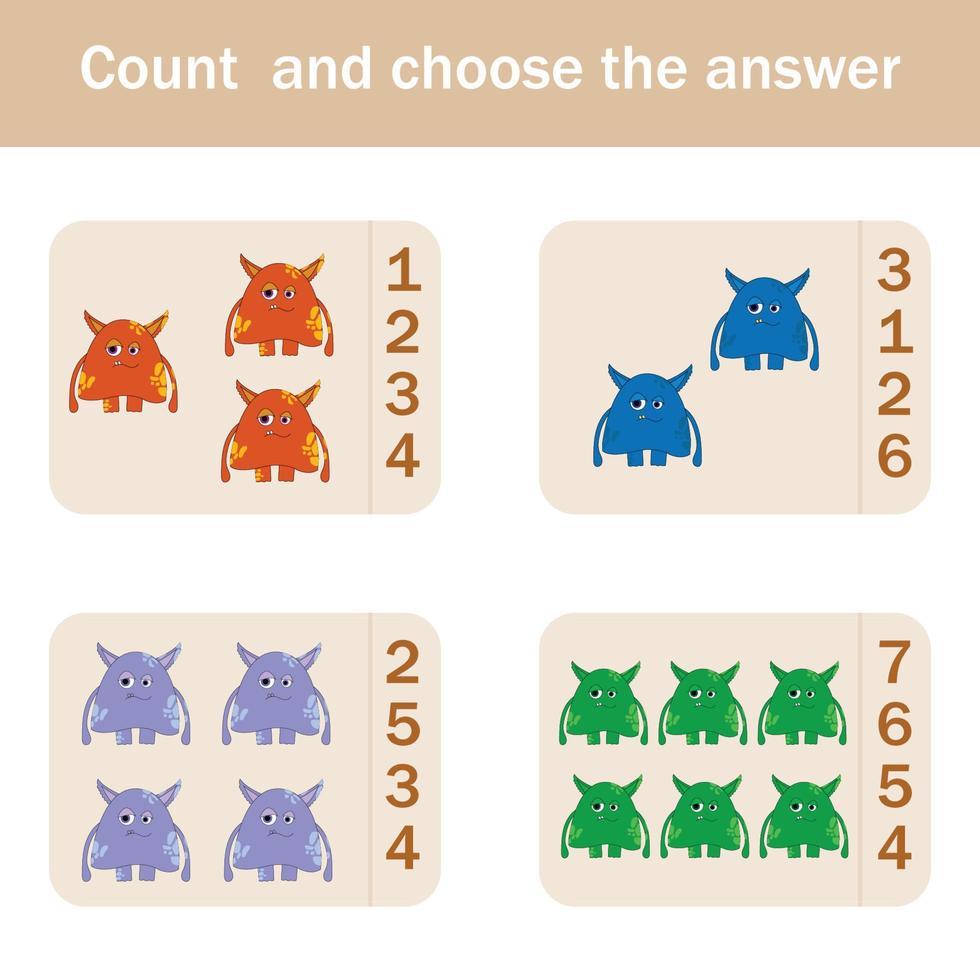 Counting Game for Preschool Children.  Count how many  monsters vector