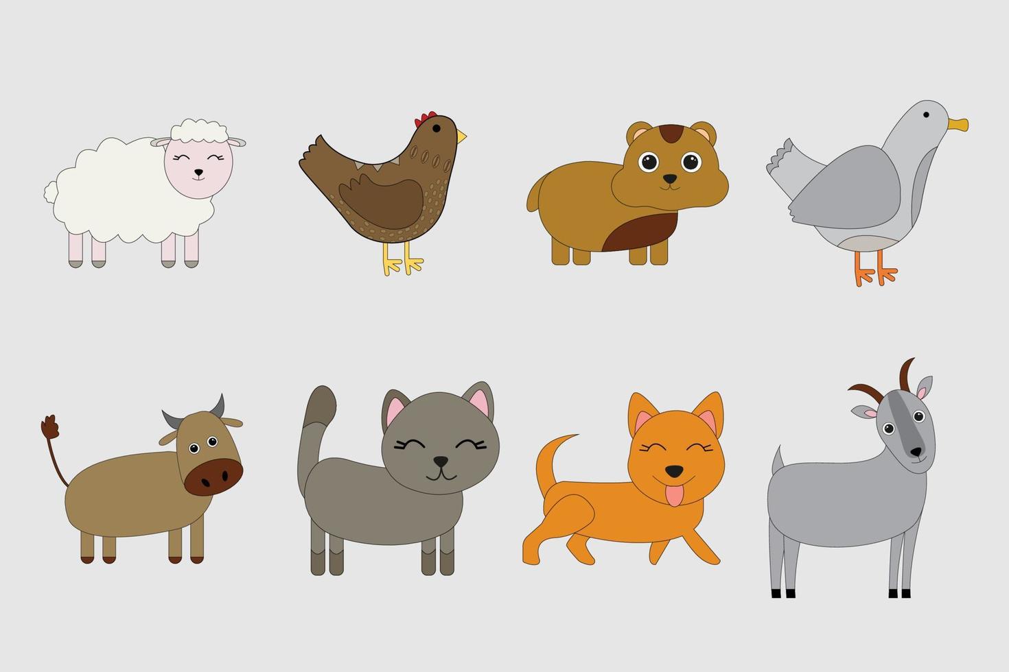 lindas mascotas de dibujos animados. conjunto de perro, gato, vaca, oveja, pollo, pato, cabra, hámster vector