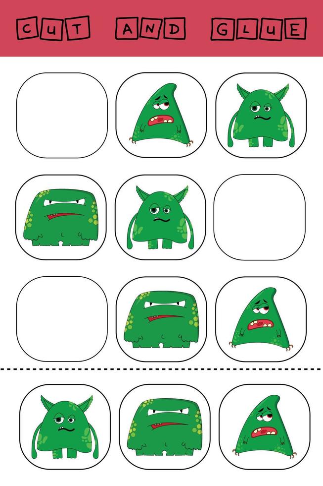 worksheet vector design, the task is to cut and glue a piece on colorful  monsters.  Logic game for children.