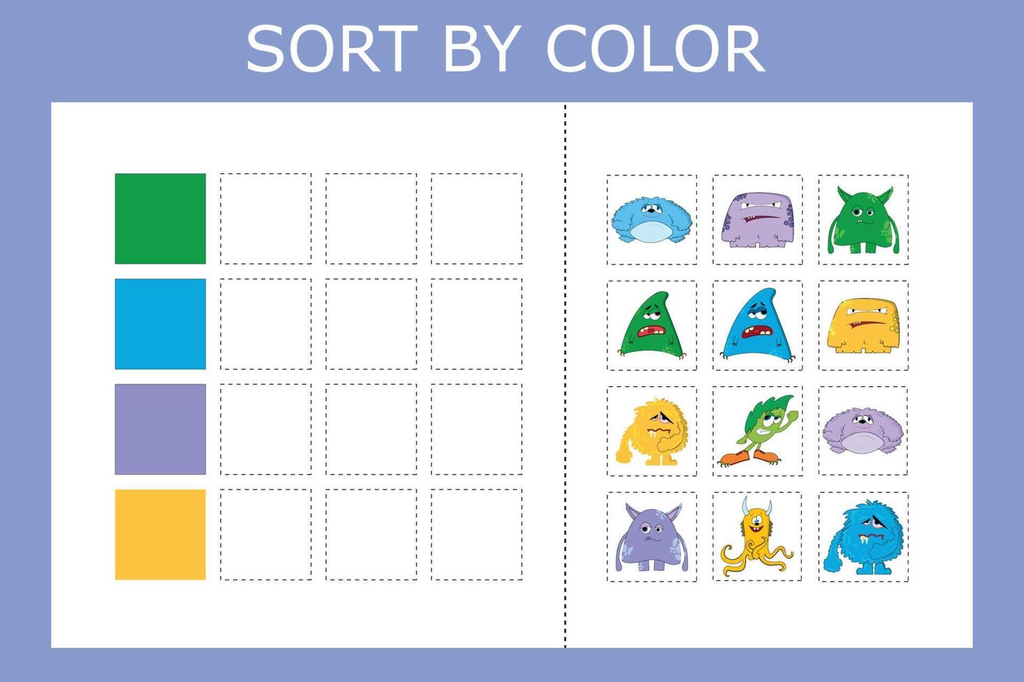 Connect the name of the color and the character of the monster. Logic game for children. vector