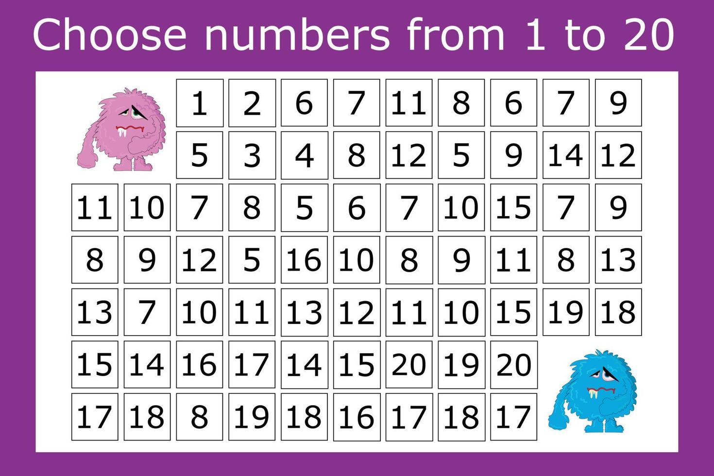 The task is to go through a maze of numbers from 1 to 20. Educational exercises for preschool children vector